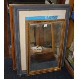 A QUANTITY OF PICTURES AND MIRRORS TOGETHER WITH A WOODEN BOX A/F AND A BOX OF TOY CARS