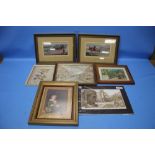 A BOX OF FRAMES, PICTURES AND PRINTS TO INCLUDE TWO SILK EXAMPLES