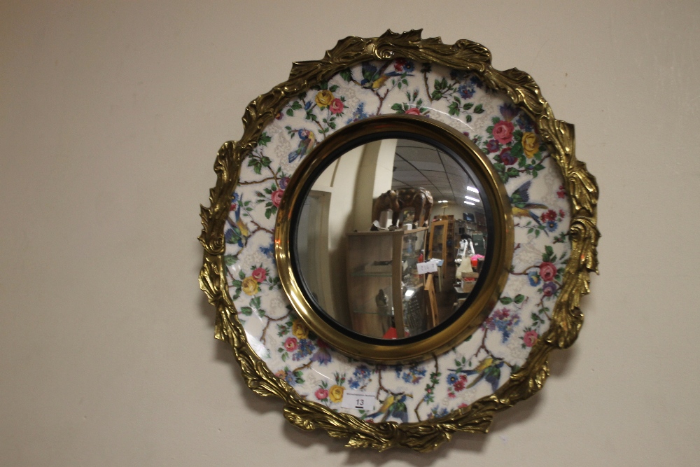 A GILT FRAMED MIRROR CHARGER - ROYAL STAFFORDSHIRE POTTERY CHARGER WITH MIRROR ATTACHED TO FRONT,