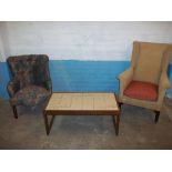 TWO VINTAGE EASY CHAIRS AND A RETRO TEAK TILE TOPPED COFFEE TABLE