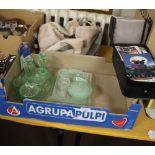 TWO GREEN GLASS DRESSING TABLE SETS, A QUANTITY OF POSTCARDS AND SOME SHOPPING BAGS