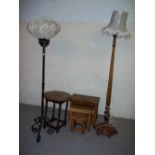 A NEST OF THREE TABLES, AN ANTIQUE BARLEY TWIST OAK SIDE TABLE AND TWO FLOOR STANDING STANDARD LAMPS