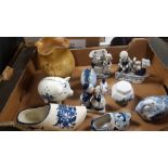 A TRAY OF POTTERY TO INCLUDE DELFT WARE