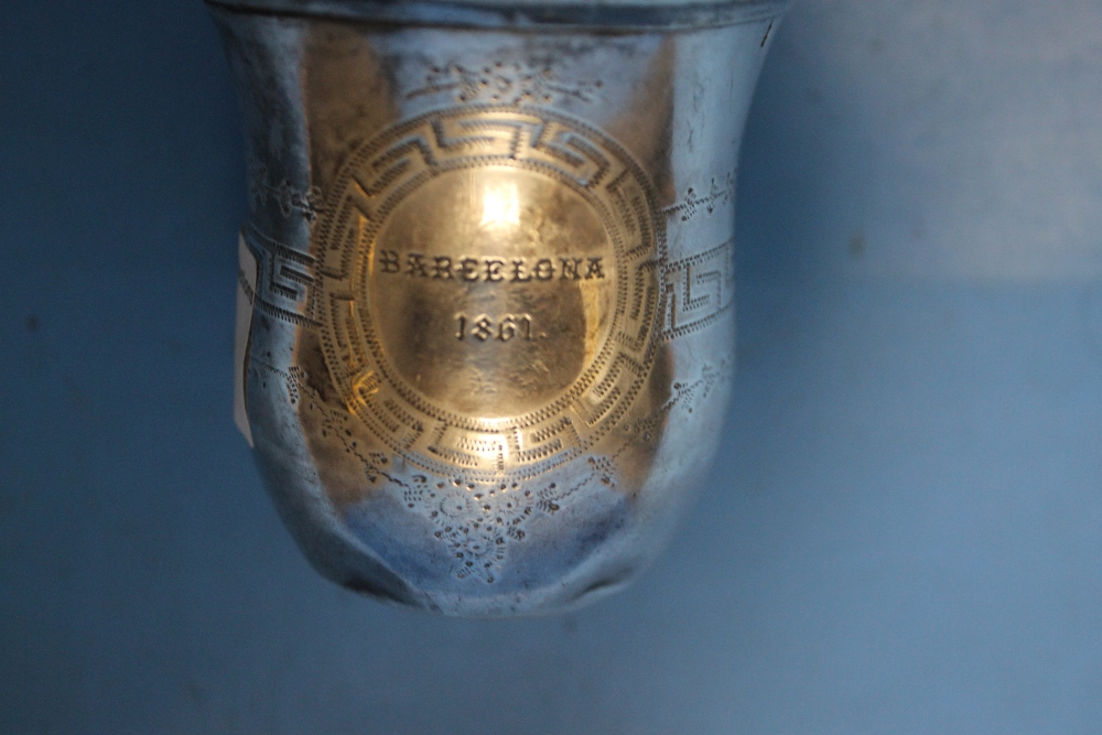 A 19TH CENTURY FRENCH SILVER BEAKER WITH MERCURY HEAD ASSAY MARKS ENGRAVED "BARCELONA" 1861 - Image 2 of 2