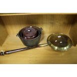 A BRASS JAM PAN, PLANTER AND BED WARMER AND A STEW POT