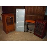 A LOCKING FOUR DRAWER FILING CABINET, AN ADJUSTABLE READING SERVING BED TABLE AND TWO MEDIA HIFI