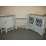 THREE PAINTED ITEMS, A HALL SIDE TABLE, A GLAZED LEADED BOOK CASE AND A SIDEBOARD