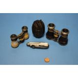 A HAND GRENADE PAPERWEIGHT AND TWO PAIRS OF OPERA GLASSES AND A MOTHER-OF-PEARL HANDLED PENKNIFE