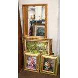 AN OIL PAINTING ON CANVAS OF A COUNTRY SCENE ALONG WITH A FRAMED MIRROR AND A QUANTITY OF PICTURES