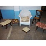 A LOOM STYLE CHAIR, TWO VINTAGE STOOLS, AN ANTIQUE MINIATURE ROCKING CHAIR AND AN OAK ANTIQUE CHAIR