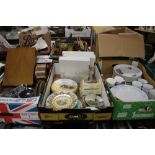 THREE TRAYS OF CERAMICS AND SUNDRIES TO INCLUDE STAINLESS STEEL COFFEE SET AND TRAY, MANTEL CLOCK,