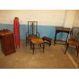 THREE CHAIRS, A STOOL, AN ANTIQUE OAK SIDE TABLE AND AN ANTIQUE BEDSIDE CABINET