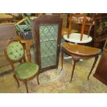 A WALNUT DEMI-LUNE TABLE, BEDROOM CHAIR AND A GLAZED CABINET (3)