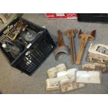 A TRAY OF METALWARE AND GLASS BOTTLES TOGETHER WITH TWO VINTAGE PHOTOGRAPH VIEWERS