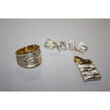 A SILVER GILT DESIGNER STYLE RING, PENDANT AND EARRING SET, APPROX WEIGHT 12.8 G