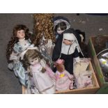 A BOX OF PORCELAIN HEADED DOLLS ETC.