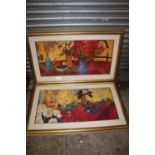 A PAIR OF LARGE GILT FRAMED AND GLAZED STILL LIFE STUDIES OF TABLE TOP SCENES - OVERALL SIZE 122CM X