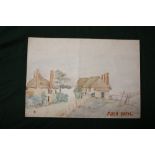 AFTER FRED YATES - AN UNFRAMED WATERCOLOUR OF COTTAGES, SIZE 25.5 CM X 17.5 CM