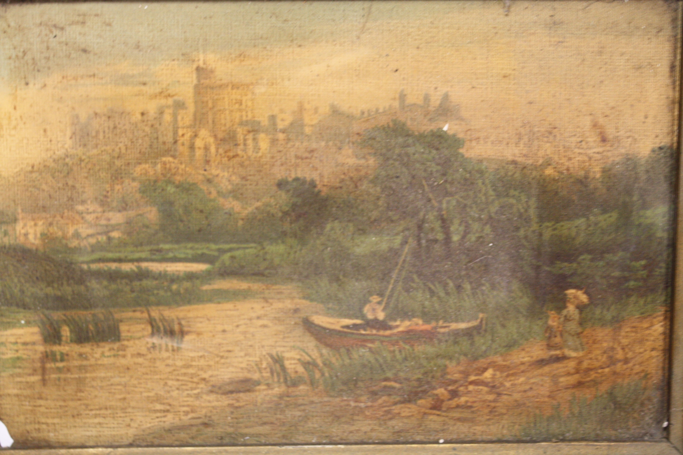 AN ANTIQUE GILT FRAMED OIL ON CANVAS OF A RURAL RIVER SCENE SIZE - 24CM X 16CM