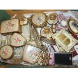 A TRAY OF GILDED DRESSING TABLE ITEMS, TRAVEL VANITY CASE AND PICTURE FRAMES