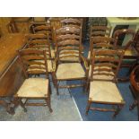 A SET OF EIGHT OAK WICKERSEAT LADDERBACK CHAIRS ( 6+2 )