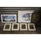 THREE ASSORTED FRAMED AND GLAZED WATERCOLOURS, TOGETHER WITH A SET OF FOUR ENGRAVINGS RELATING TO