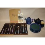 A COLLECTION OF DENBY STONEWARE TO INCLUDE REGENCY CUTLERY SETS, TEAPOTS ETC