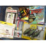 A SMALL BOX OF FISHING ITEMS TO INCLUDE LURES