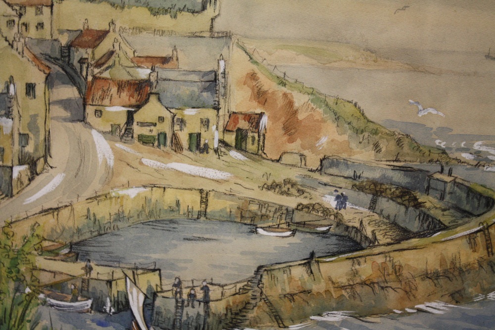 A FRAMED AND GLAZED WATERCOLOUR DEPICTING CRAIL HARBOUR, FIFE, SCOTLAND SIGNED R. CAY - SIZE 36. - Image 2 of 4