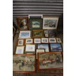 A LARGE QUANTITY OF PICTURES AND PRINTS TO INCLUDE A PAIR OF HUNTSMAN SCENES, WALL MIRROR ETC