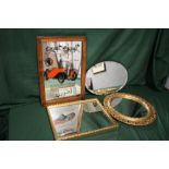 FOUR ASSORTED WALL MIRRORS TO INCLUDE AN MG ADVERTISING EXAMPLE, GILT FRAMED CIRCULAR MIRROR ETC.