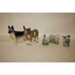 A BESWICK DONKEY AND BESWICK ALSATIAN FIGURE PLUS THREE OTHER FIGURES (5)