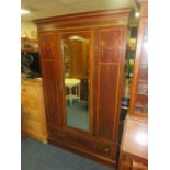 AN EDWARDIAN MAHOGANY INLAID WARDROBE, SIGNS OF WORM DAMAGE H-202 W-130 CM