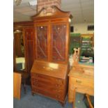 AN EDWARDIAN MAHOGANY INLAID BUREAU BOOKCASE H-204 W-94 CM