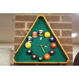 A NOVELTY POOL / BILLIARD BALL TRIANGULAR WALL CLOCK HEIGHT - 46CM