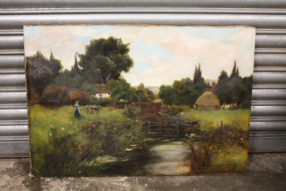 AN ANTIQUE UNFRAMED OIL ON CANVAS DEPICTING A FIGURE DRIVING CATTLE OVER A RIVER BRIDGE - SIZE - Image 2 of 4