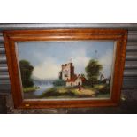 A SATINWOOD FRAMED REVERSE PAINTING ON GLASS DEPICTING A CHURCH BESIDE A RIVER A/F - SIZE 60CM X