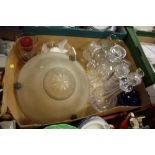 A TRAY OF ASSORTED GLASSWARE TO INCLUDE A CUT GLASS CEILING LIGHT SHADE, DECANTERS ETC.