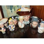 FOUR ROYAL DOULTON 'DOULTONVILLE' FIGURES TOGETHER WITH FOUR CHARACTER JUGS TO INCLUDE LONG JOHN