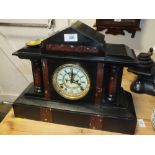 A BLACK SLATE AND MARBLE ANSONIA GONG STRIKE MANTEL CLOCK WITH KEY AND PENDULUM, H 35 CM, W 44 CM, D