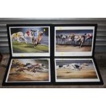 A SET OF FOUR FRAMED AND GLAZED SIGNED GREYHOUND RACING INTEREST PRINTS BY DAVID FRENCH OVERALL SIZE