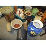 A QUANTITY OF CERAMICS AND STONEWARE TO INCLUDE VASES, JUGS, BREAD BIN ETC.