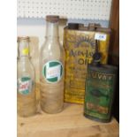 A VINTAGE ALFA-LAVAL OIL CAN TOGETHER WITH TWO CASTROL MOTOR OIL BOTTLES AND A LUVAX SHOCK