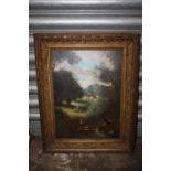 AN ANTIQUE GILT FRAMED OIL ON CANVAS DEPICTING A WOODED RIVER LANDSCAPE WITH FIGURES - SIZE 40.5CM X