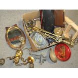 A BOX OF ASSORTED METALWARE TO INCLUDE BRASS FIRE IRONS, SCALES ETC.