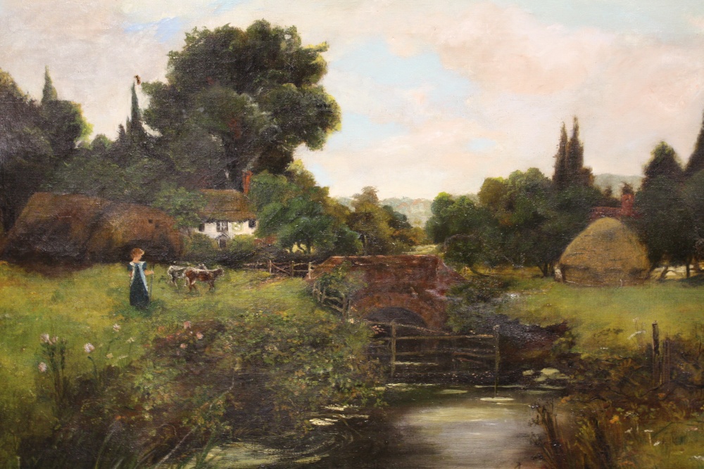 AN ANTIQUE UNFRAMED OIL ON CANVAS DEPICTING A FIGURE DRIVING CATTLE OVER A RIVER BRIDGE - SIZE