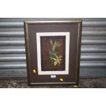 A FRAMED AND GLAZED WATERCOLOUR OF FLOWERS BY LESLIE MILLER (STAFFORDSHIRE ARTIST) SIZE 28 CM X 19