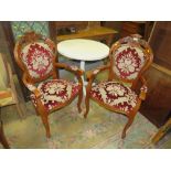 A PAIR OF MODERN CARVED ARMCHAIRS AND A WHITE PEDESTAL TABLE (3)