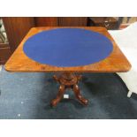 A 19TH CENTURY ANTIQUE FOLD-OVER CARD TABLE WITH BAIZE LINED INTERIOR W-97 CM S/D