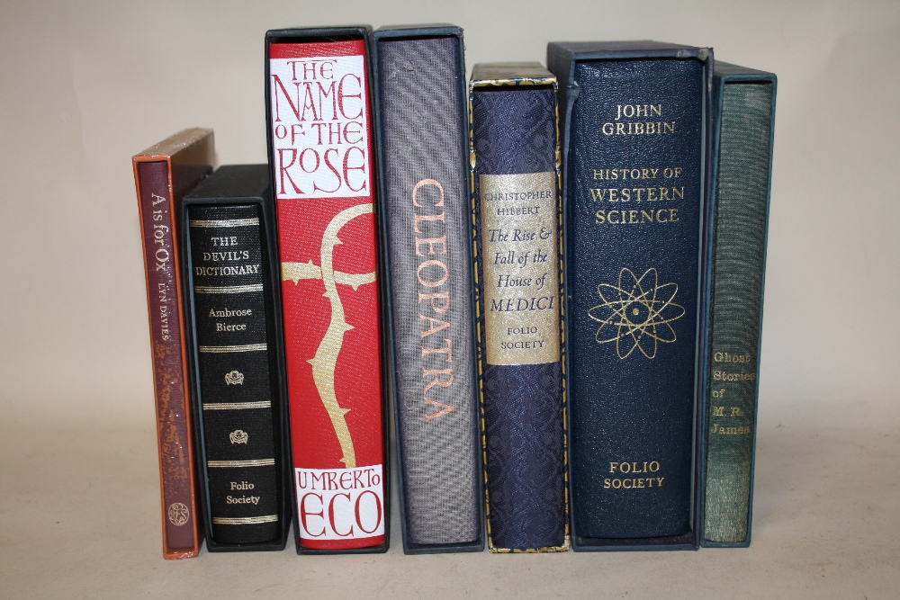 SEVEN FOLIO SOCIETY BOOKS, TO INCLUDE THE NAME OF THE ROSE, THE DEVIL'S DICTIONARY, HISTORY OF